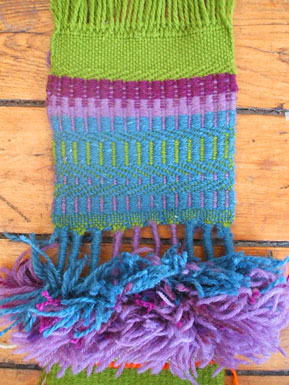 woven sample in blue, purple, green