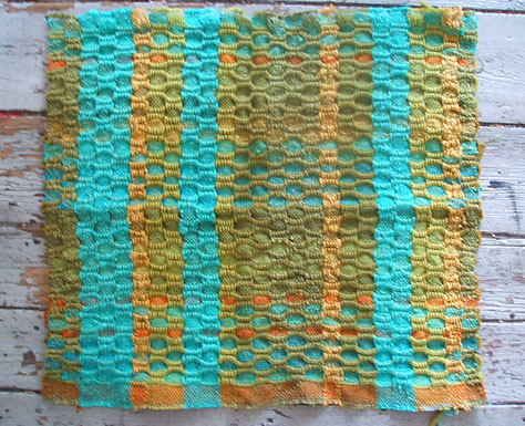 woven sample in blue, purple, green